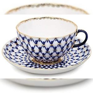 Lomonosov Cobalt Net Russian Tea Cup & Saucer